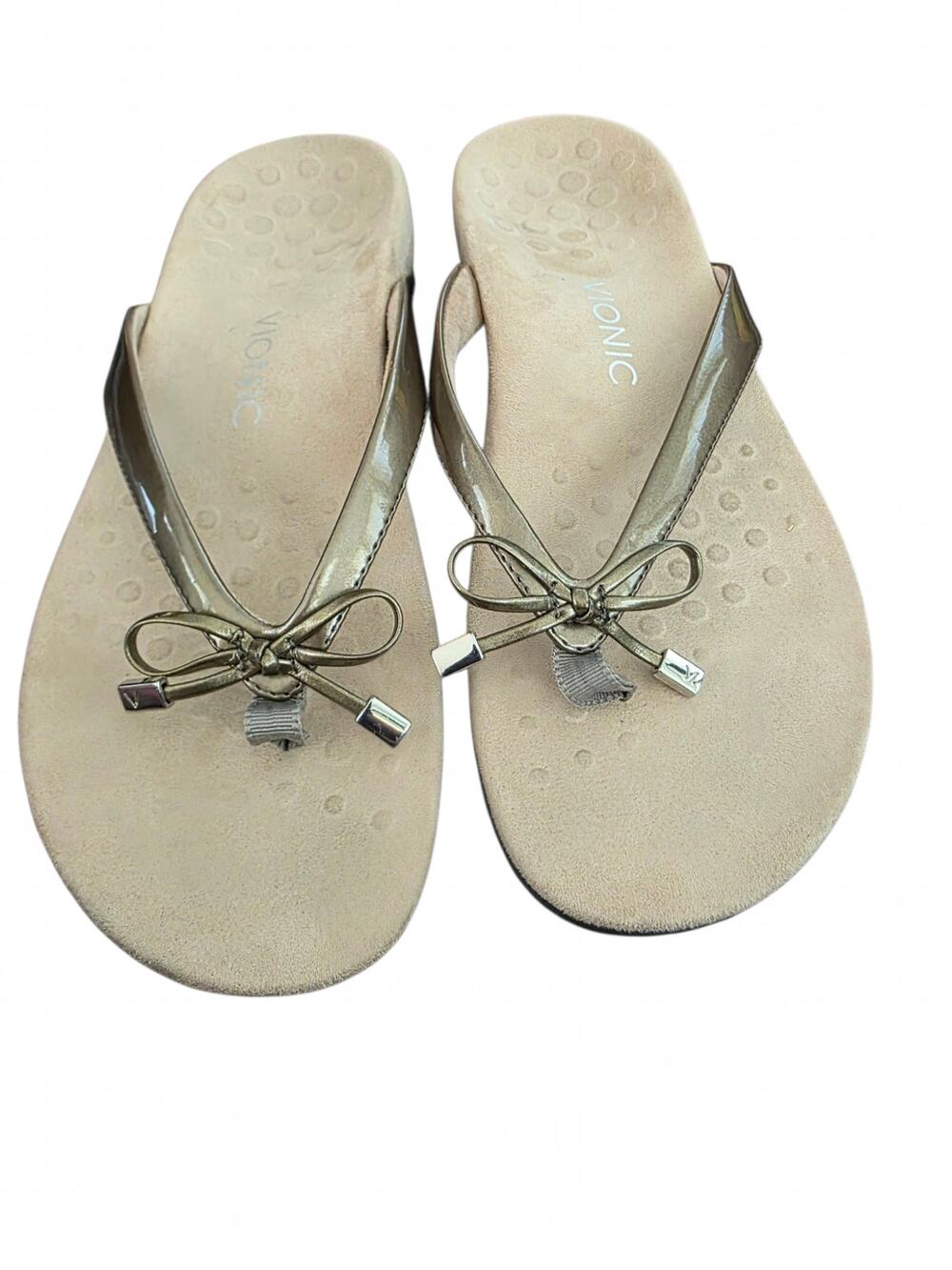 Vionic Bella II Womens 10 Metallic Gold Thong Sandals Bow Orthotic Comfort